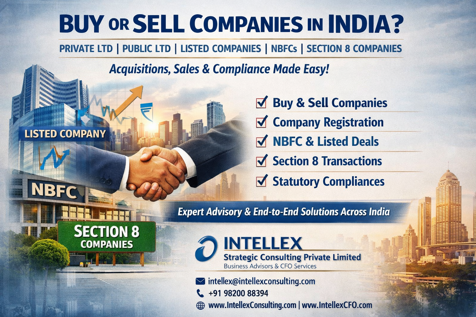 Buy or Sell Companies in India with Confidence : End-to-End Advisory for Pvt Ltd, Public, Listed, NBFC & Section 8 Companies.