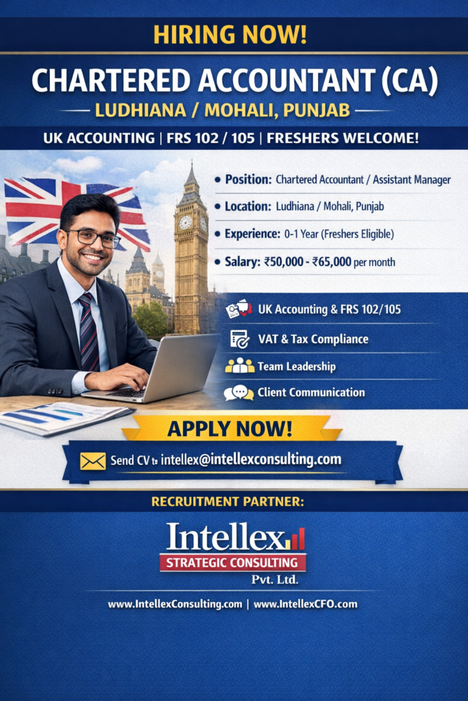 Chartered Accountant (CA) Job in Ludhiana/Mohali – UK Accounting - Freshers Welcome