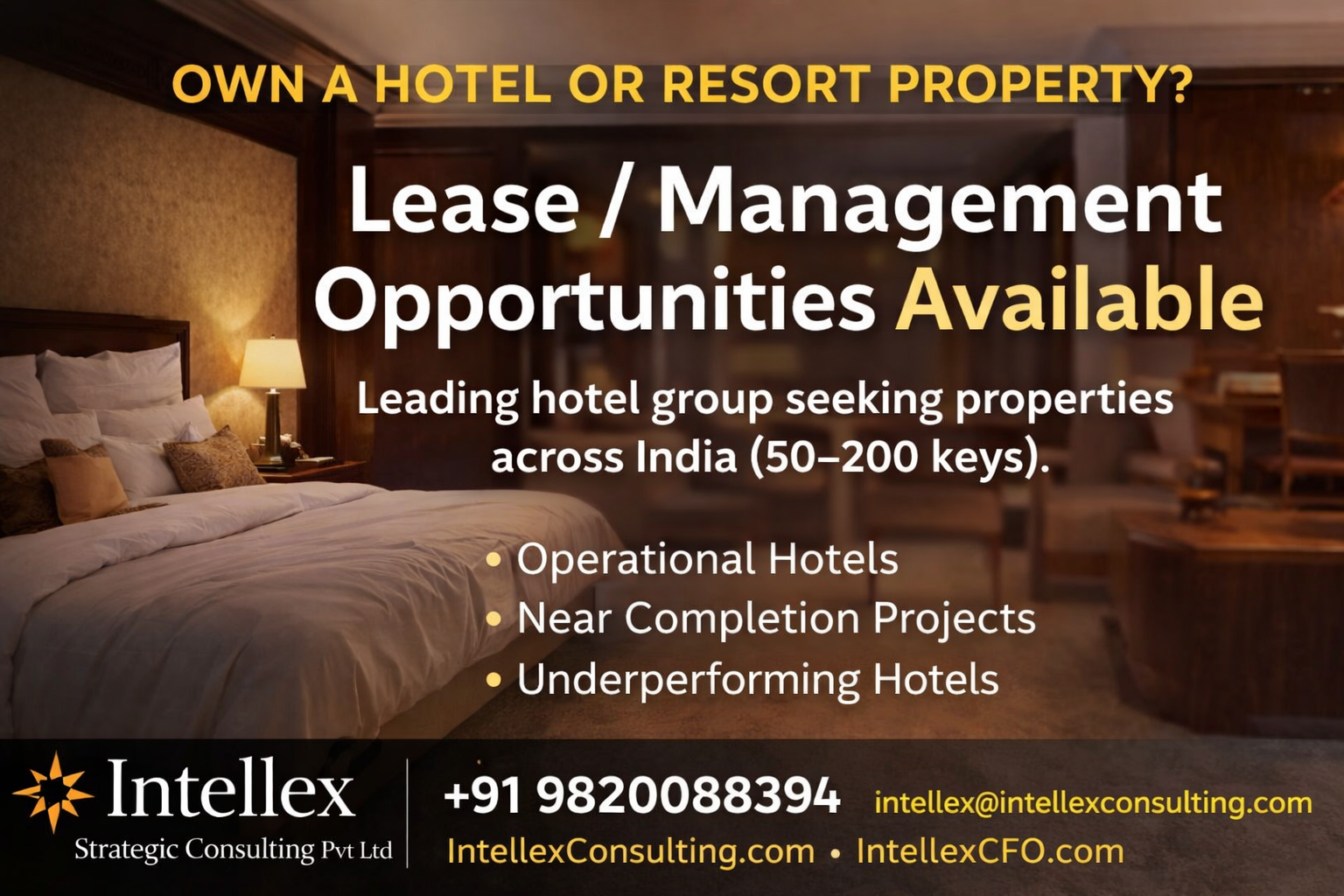 Hotels & Resorts Group Seeking Properties in India: Lease and Management Opportunities for Property Owners.