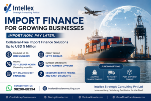 Collateral-free import finance up to USD 5 million for eligible Indian importers. Credit period up to 90 days. Explore import finance solutions with Intellex Strategic Consulting Pvt Ltd.