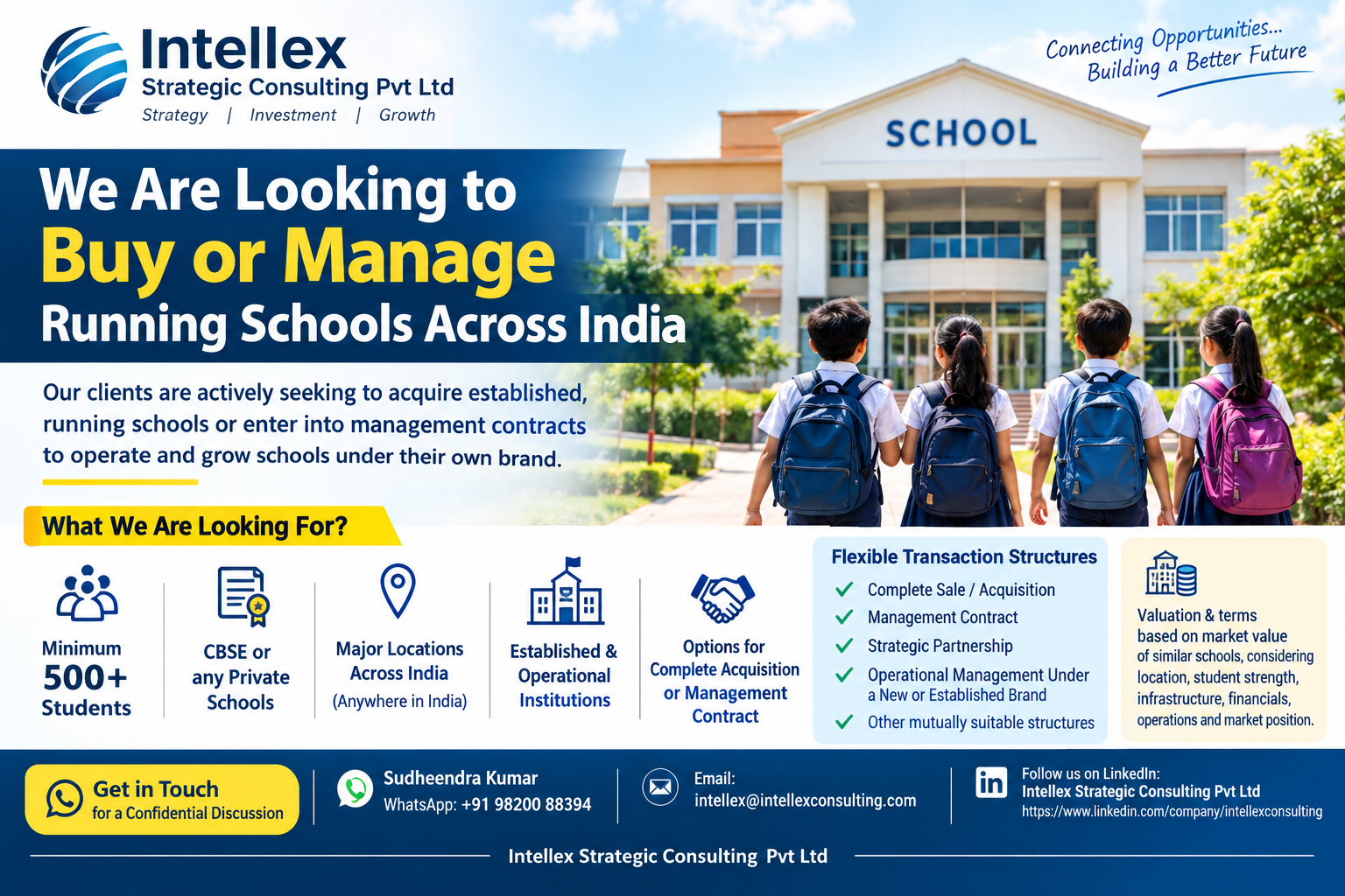 We Are Looking to Buy or Manage Running Schools Across India.